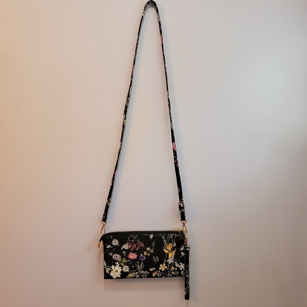 Multi Color Floral Midnight Garden Faux Saffiano Clutch / Crossbody / Wristlet - Picture 3 of 7